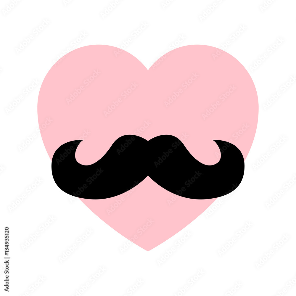 Icono plano corazon rosa con bigote en fondo blanco Icono plano corazon rosa con bigote en fondo blanco