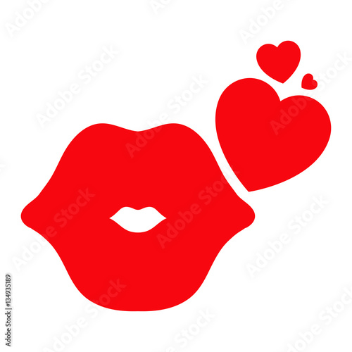 Icono plano labios con corazones rojo en fondo blanco