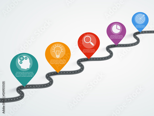 Road infographic with pointers, timeline with business icons. Stepping structure.