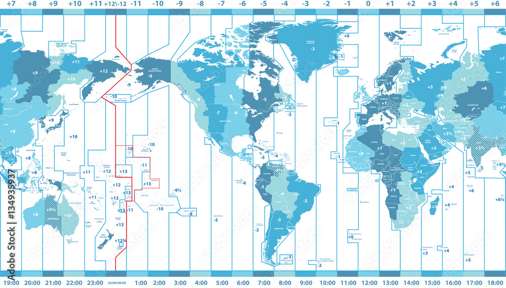 Obraz premium vector world map of local time zones centered by America