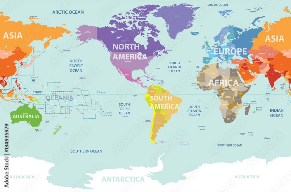 Obraz premium world map colored by continents and centered by America