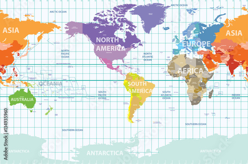 world political map centered by America. Vector illustration