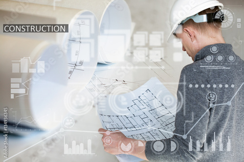 Collage with construction worker holding construction plans