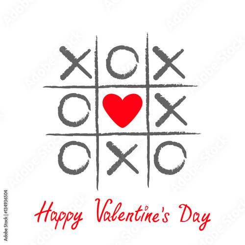 Tic tac toe game with criss cross and red heart sign mark XOXO. Hand drawn brush. Doodle line. Happy Valentines day card Flat design Isolated. White background.