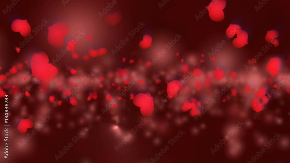 Valentine's day red animation, flying hearts and particles. Seamless loop background.