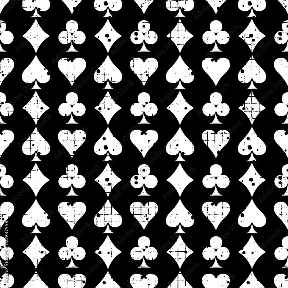 Seamless vector abstract pattern background with icons of playings cards Grunge texture with attrition, cracks and ambrosia. Old style design Graphic illustration. Series of Gaming, Gambling Patterns Seamless vector abstract pattern background with icons of playings cards Grunge texture with attrition, cracks and ambrosia. Old style design Graphic illustration. Series of Gaming, Gambling Patterns