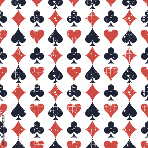 Seamless vector abstract pattern background with icons of playings cards Grunge texture with attrition, cracks and ambrosia. Old style design Graphic illustration. Series of Gaming, Gambling Patterns