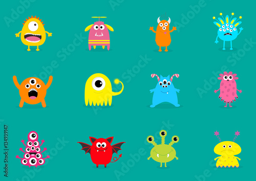 Fototapeta Naklejka Na Ścianę i Meble -  Monster big set. Cute cartoon scary character. Different emotion. Baby collection. Green background Isolated. Happy Halloween card. Flat design.
