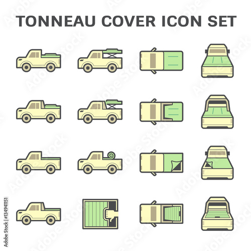 Pick up truck in top, side and rear view vector icon. Include rack, roll bar, tonneau, tray or bed cover both soft and hard i.e. lid, canvas and shutter. Accessories for close, open, load, carry.