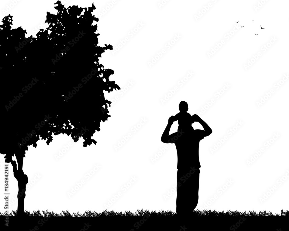 Father carrying a child on his shoulders in the park, one in the series of similar images silhouette Father carrying a child on his shoulders in the park, one in the series of similar images silhouette