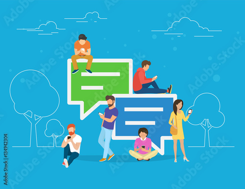 Speech bubbles for comment anf reply concept flat illustration of young people using mobile smartphone for texting and leaving comments in social networks. Guys and women sitting on big symbols