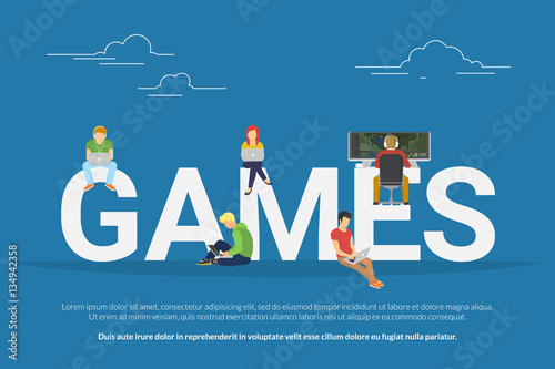 Games concept of young people using laptop and pc for playing e-sport game and having fun. Flat illustration of people sitting near big letters