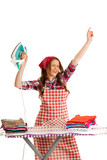 happy woman singing as she has finished ironing isolated over wh