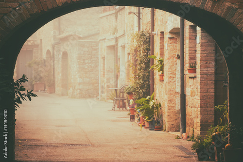 Fototapeta Naklejka Na Ścianę i Meble -  Narrow street of medieval San Quirico d'Orcia city with arch, green plants and cobblestone, travel foggy morning Italy background. Vintage hipster style.