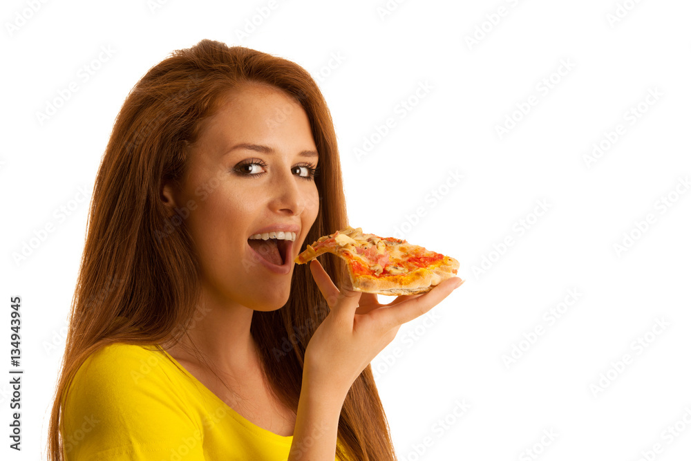 woman eats delicious pizza isolated over white background woman eats delicious pizza isolated over white background