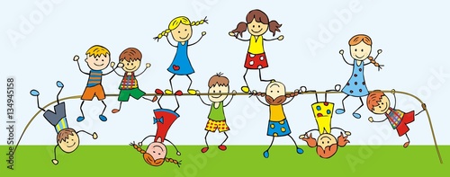 Children on a jungle gym. Happy kids, color illustration. Vector icon.