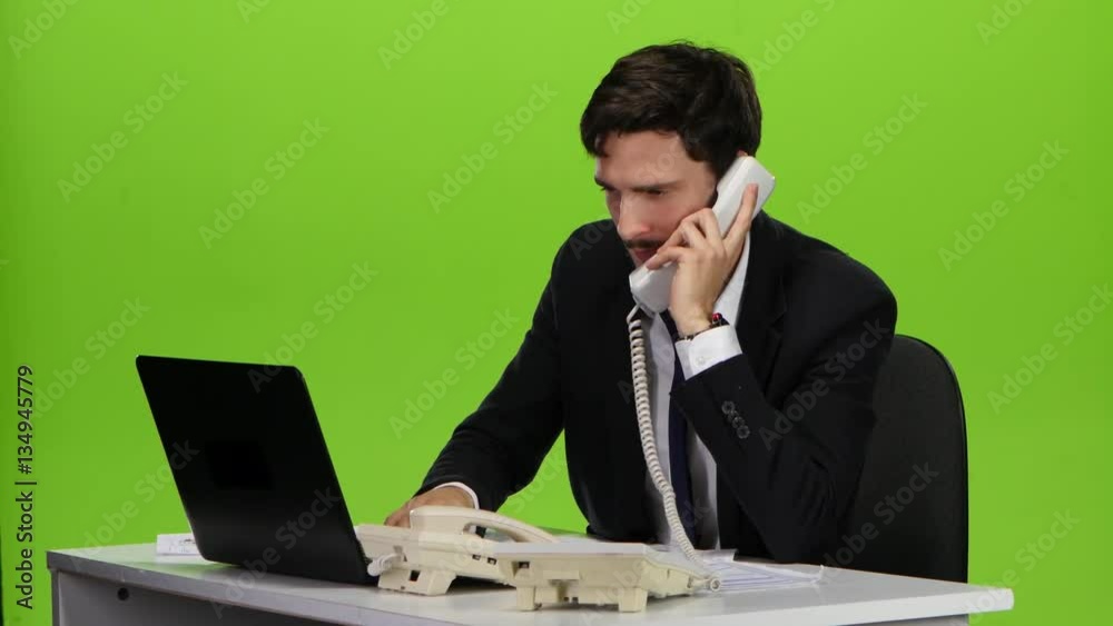 Boss man irritated respond to several phone calls. Green screen Boss man irritated respond to several phone calls. Green screen