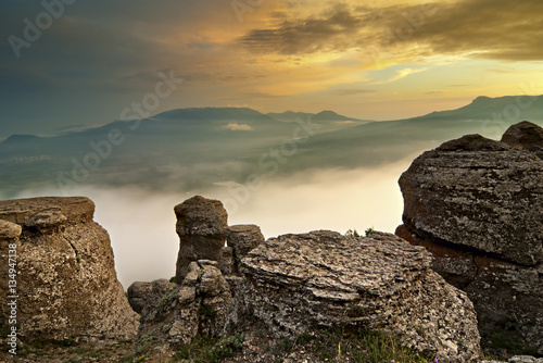 Mountain, forest and clouds.