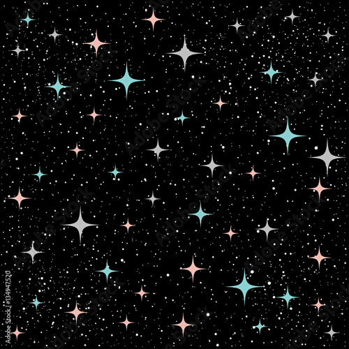 Doodle star seamless background. Grey, blue and pink star.