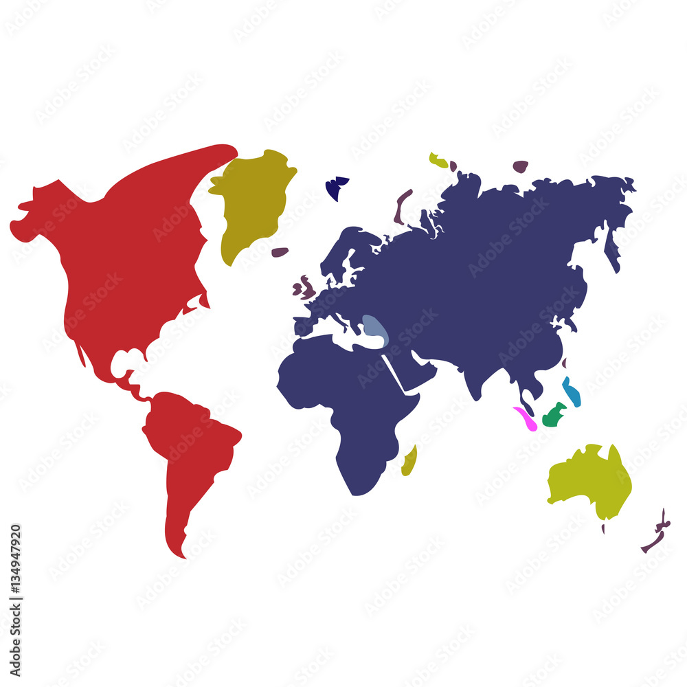  Map of the world. The colored continents.