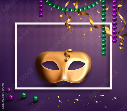 Carnival Mask Concept with Frame Confetti and Ribbons on Purple