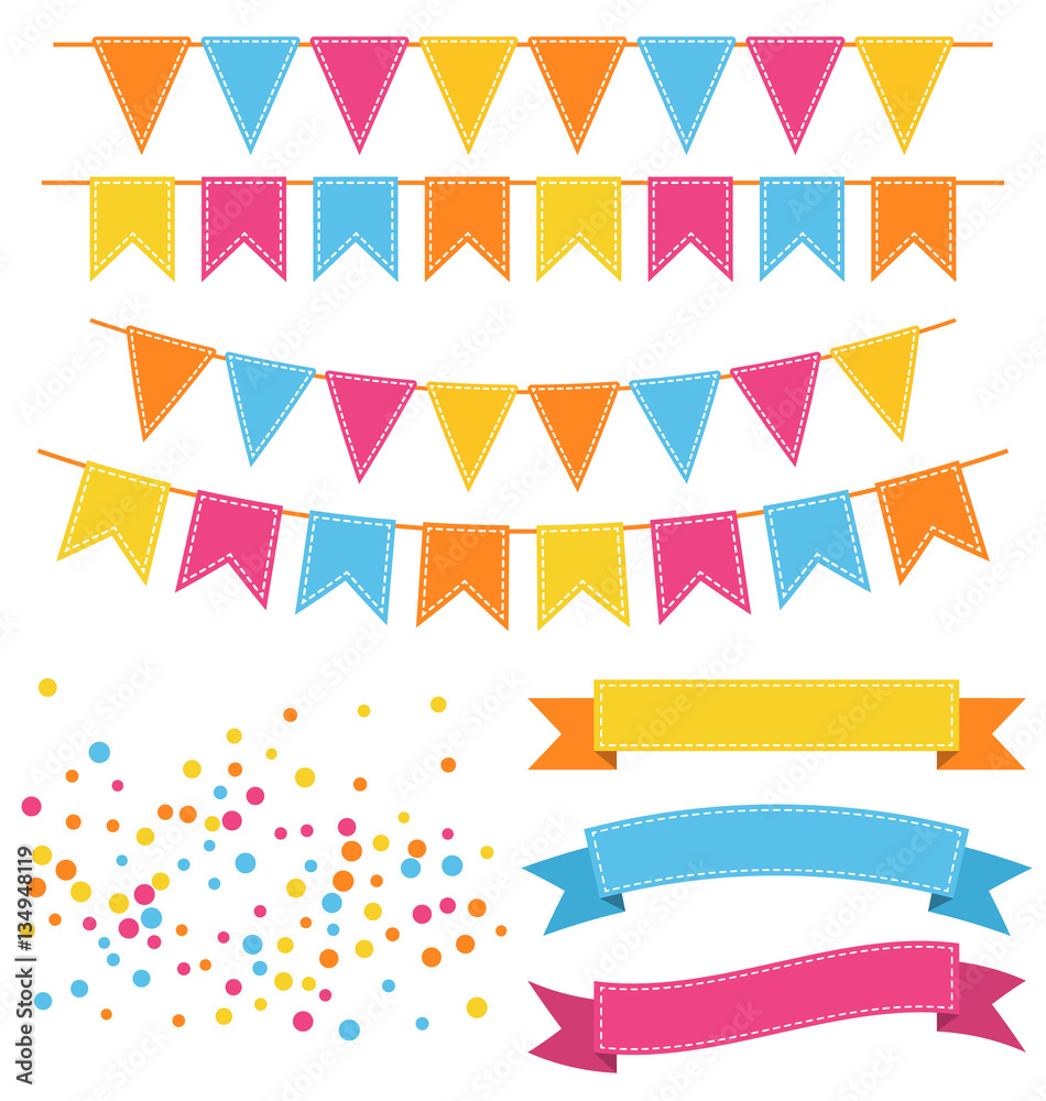 Set of Multicolored Buntings Garlands Flags Confetti and Ribbons