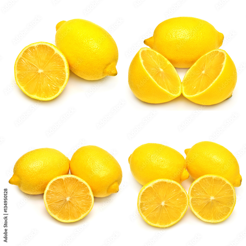 Collection cut lemons isolated on white background. Tropical fru