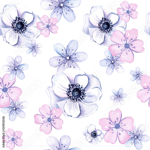 Fototapeta Naklejka Na Ścianę i Meble -  watercolor seamless texture of anemone flowers and vegetation