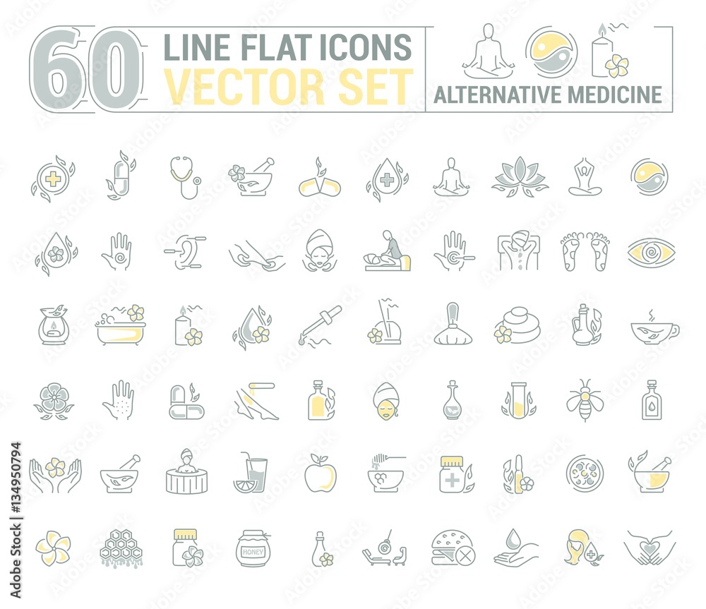 Vector graphic set.Icons in flat, contour,thin and linear design.Alternative medicine. Natural beauty.Simple isolated icon on white background.Concept illustration for Web site app.Sign,symbol,emblem.
