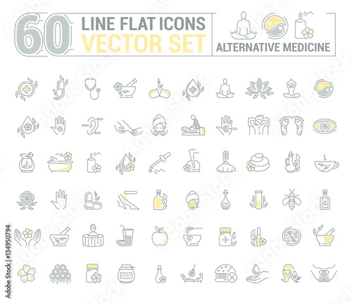 Vector graphic set.Icons in flat, contour,thin and linear design.Alternative medicine. Natural beauty.Simple isolated icon on white background.Concept illustration for Web site app.Sign,symbol,emblem.