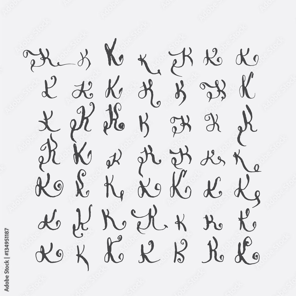 Vector set of calligraphic letters K, handwritten with pointed nib, decorated with flourishes and decorative elements. Isolated on grey black imperfect letters sequence. Various shapes collection. Vector set of calligraphic letters K, handwritten with pointed nib, decorated with flourishes and decorative elements. Isolated on grey black imperfect letters sequence. Various shapes collection.