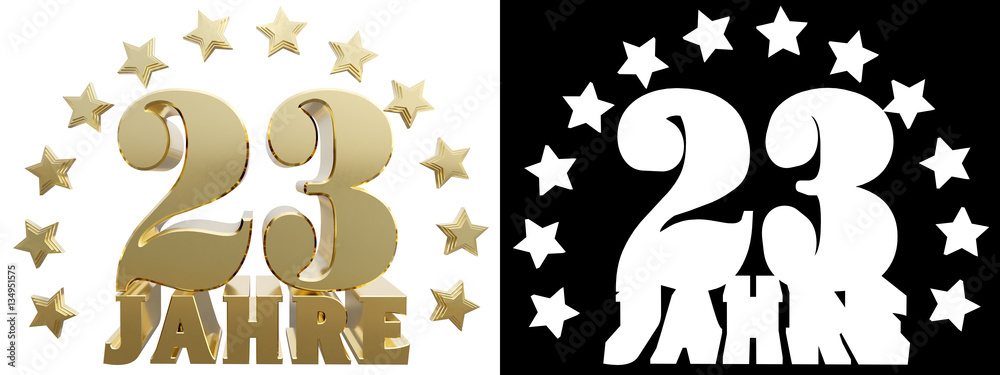 Golden digit twenty three and the word of the year, decorated with stars. Translated from the German. 3D illustration