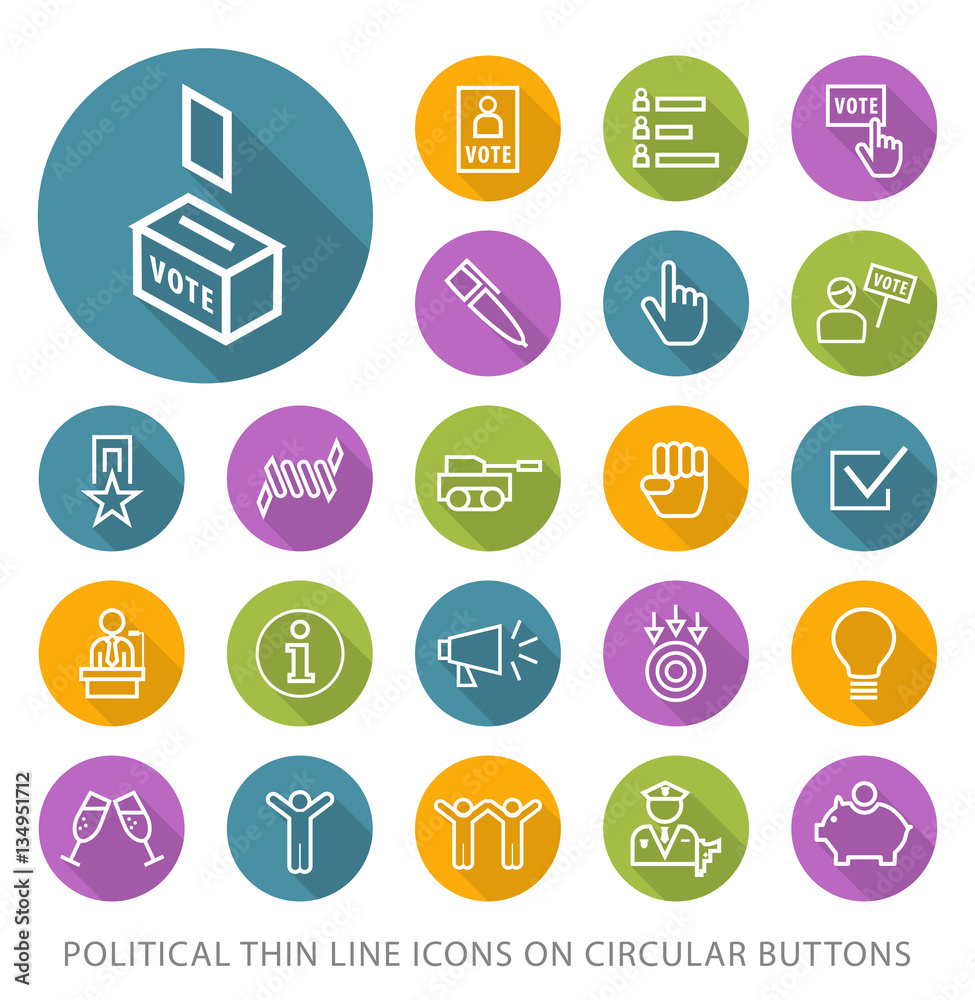 Set of Elegant Universal White Politics Minimalistic Thin Line Icons on Circular Colored Buttons on White Background