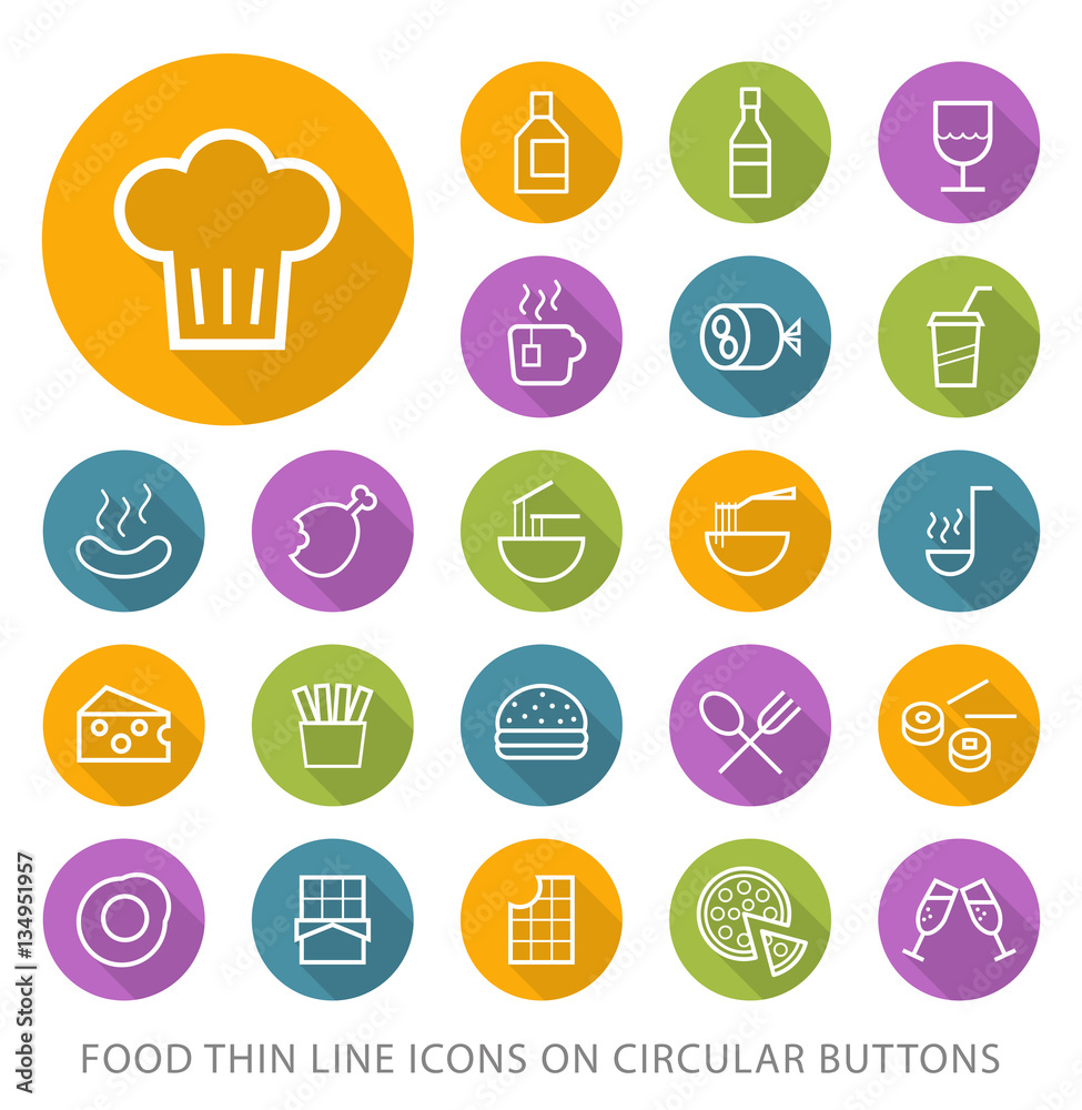 Set of Elegant Universal White Food Minimalistic Thin Line Icons on Circular Colored Buttons on Black Background Set of Elegant Universal White Food Minimalistic Thin Line Icons on Circular Colored Buttons on Black Background