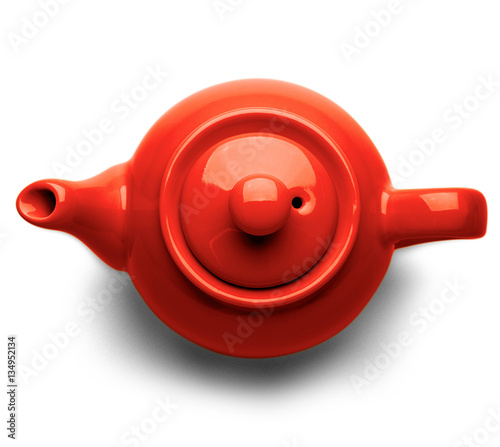 Red ceramic teapot isolated on white background, top view