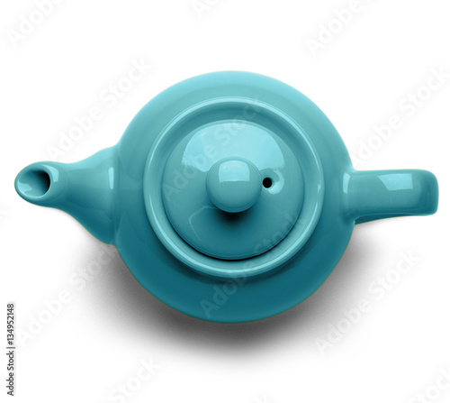 Blue ceramic teapot isolated on white background, top view