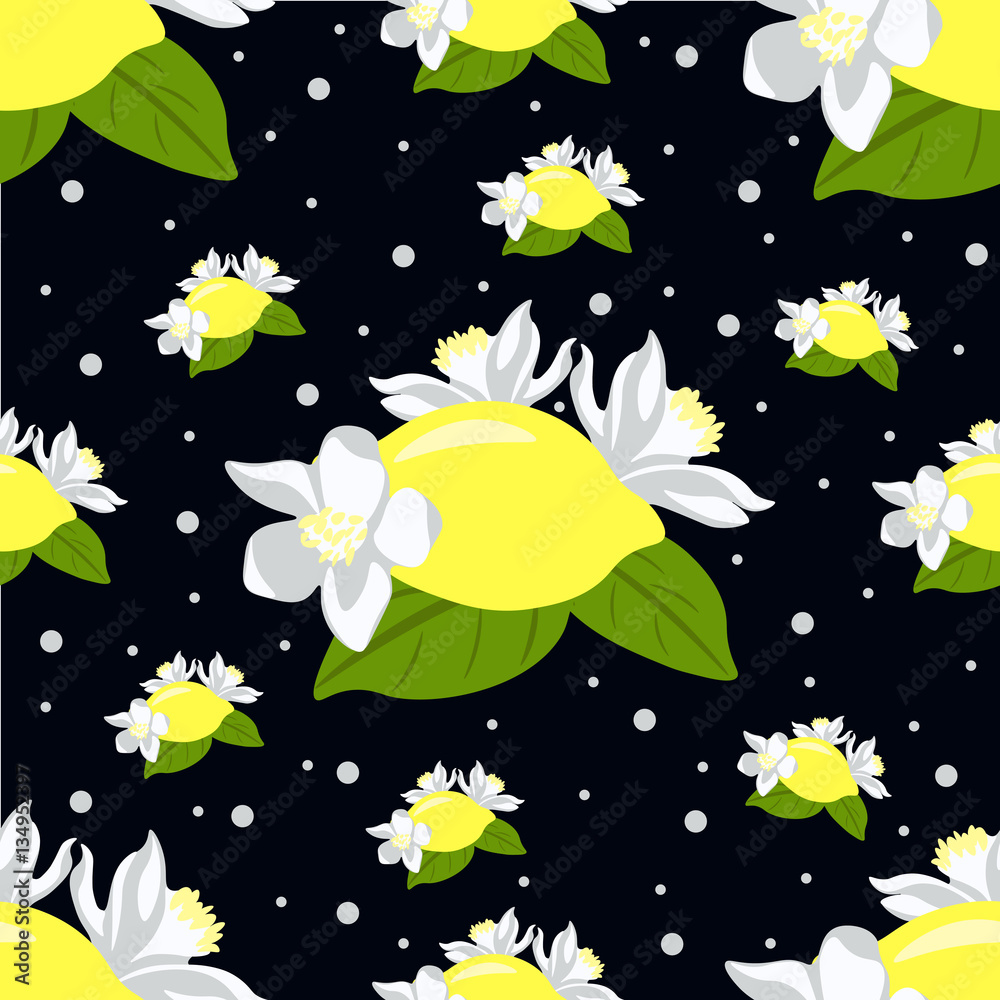 Seamless pattern with lemon fruits and lemon flowers on black background