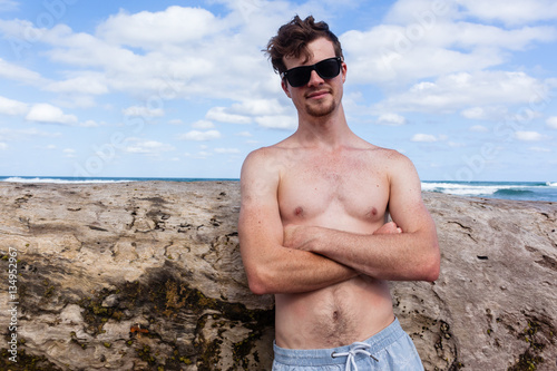 Man Shirtless Shades Casual Beach Portrait