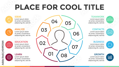 Vector circle linear arrows infographic, cycle diagram, graph, presentation pie chart. Business concept with 8 options, parts, steps, processes. 16x9 slide template.