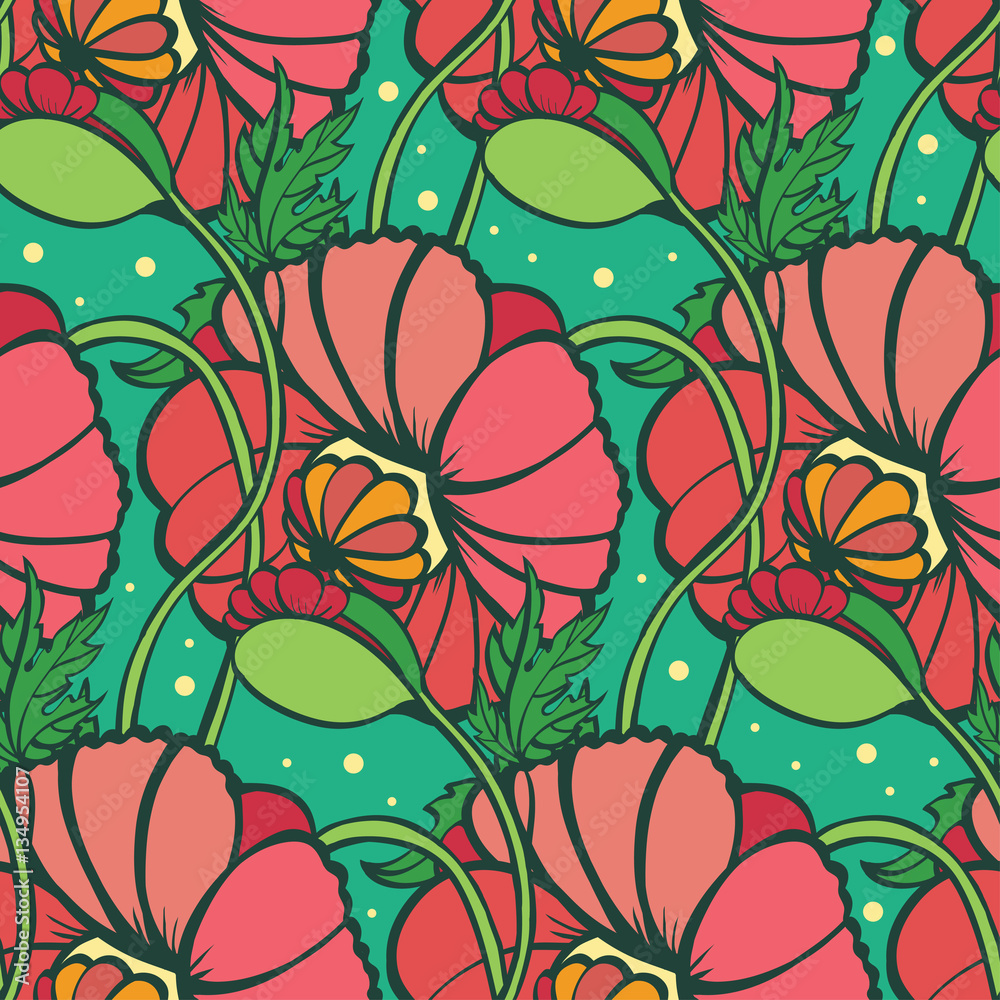 Seamless pattern of flowers and leaves of the poppy Seamless pattern of flowers and leaves of the poppy