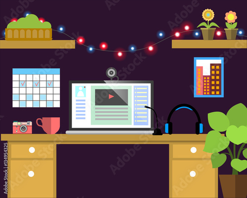 Flat workplace Web banner. Flat video blogger illustration workspace, concepts for business, management, strategy, digital marketing, finance, social network, education, training courses, e-learning