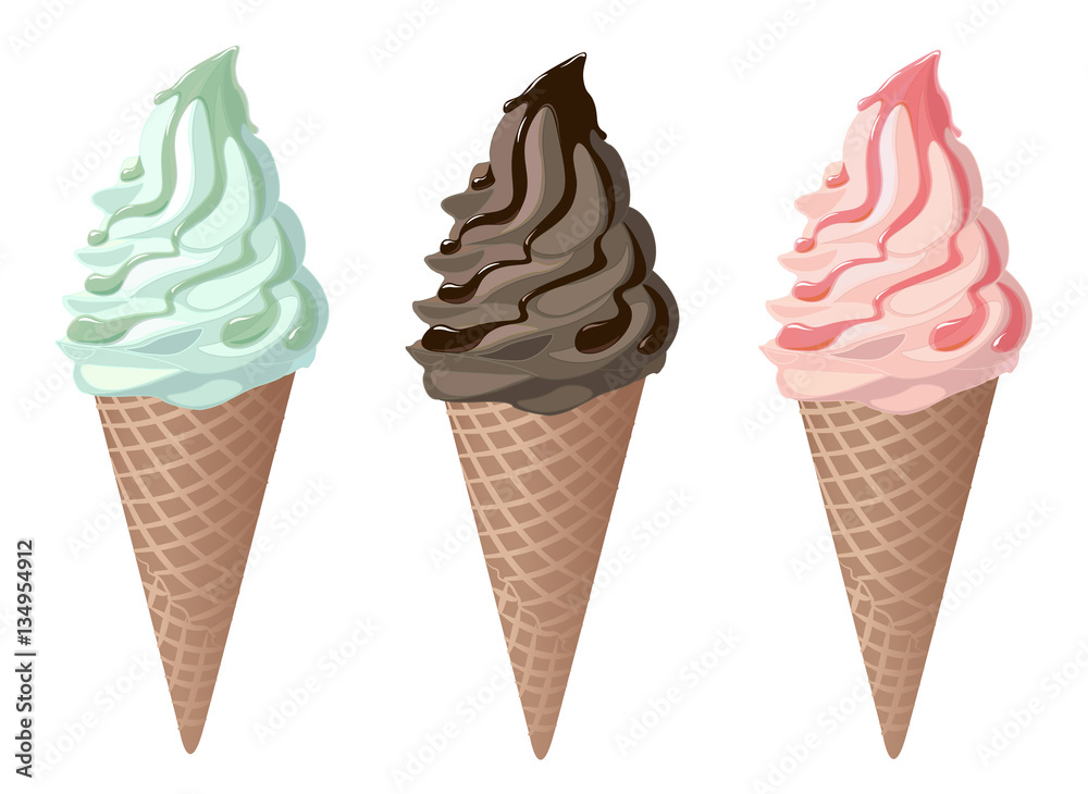 Set of soft ice cream in waffle cones Set of soft ice cream in waffle cones