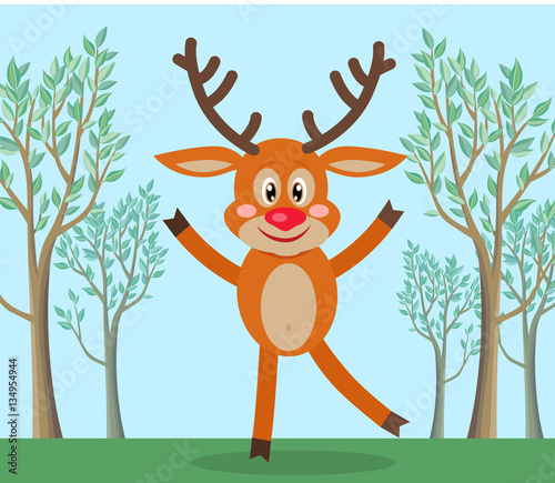 Cute Deer in Forest Cartoon Flat Vector