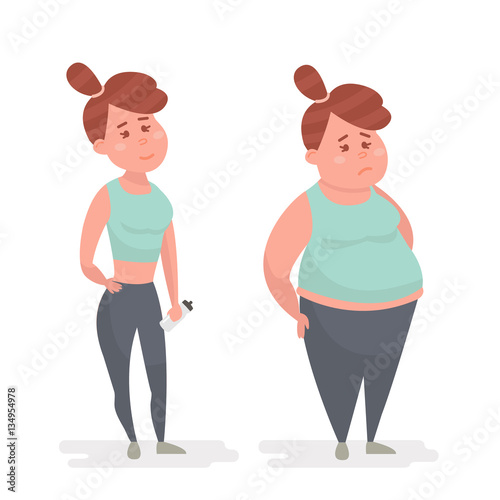 Fat and slim girls. Fat loss concept. Vector illustration