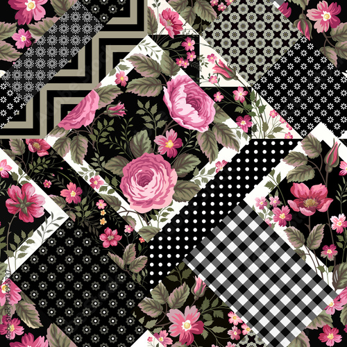 seamless floral patchwork pattern with pink roses and geometric