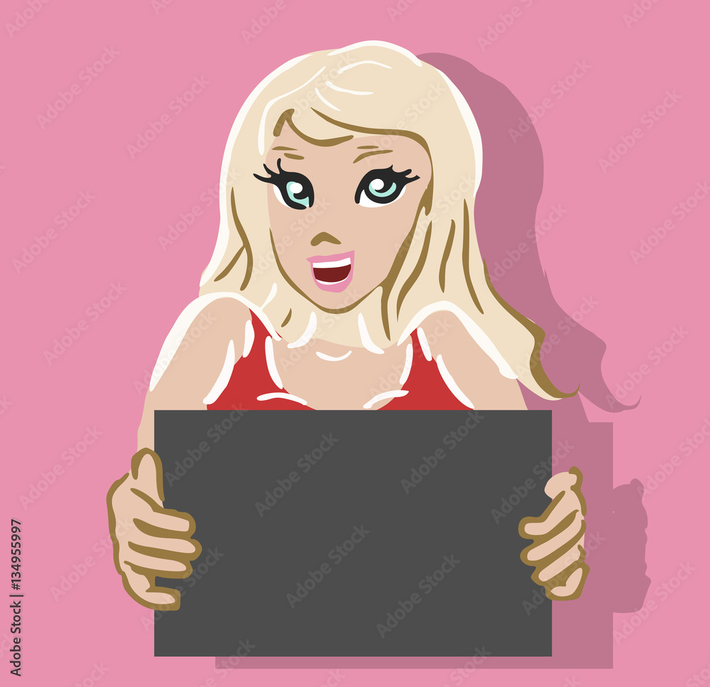 Vrouw met blanco reclame krijt bord