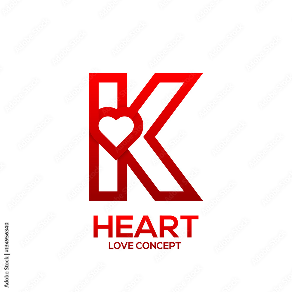 Letter K heart Red color logo,Valentine Day Love Concept Logotype ...