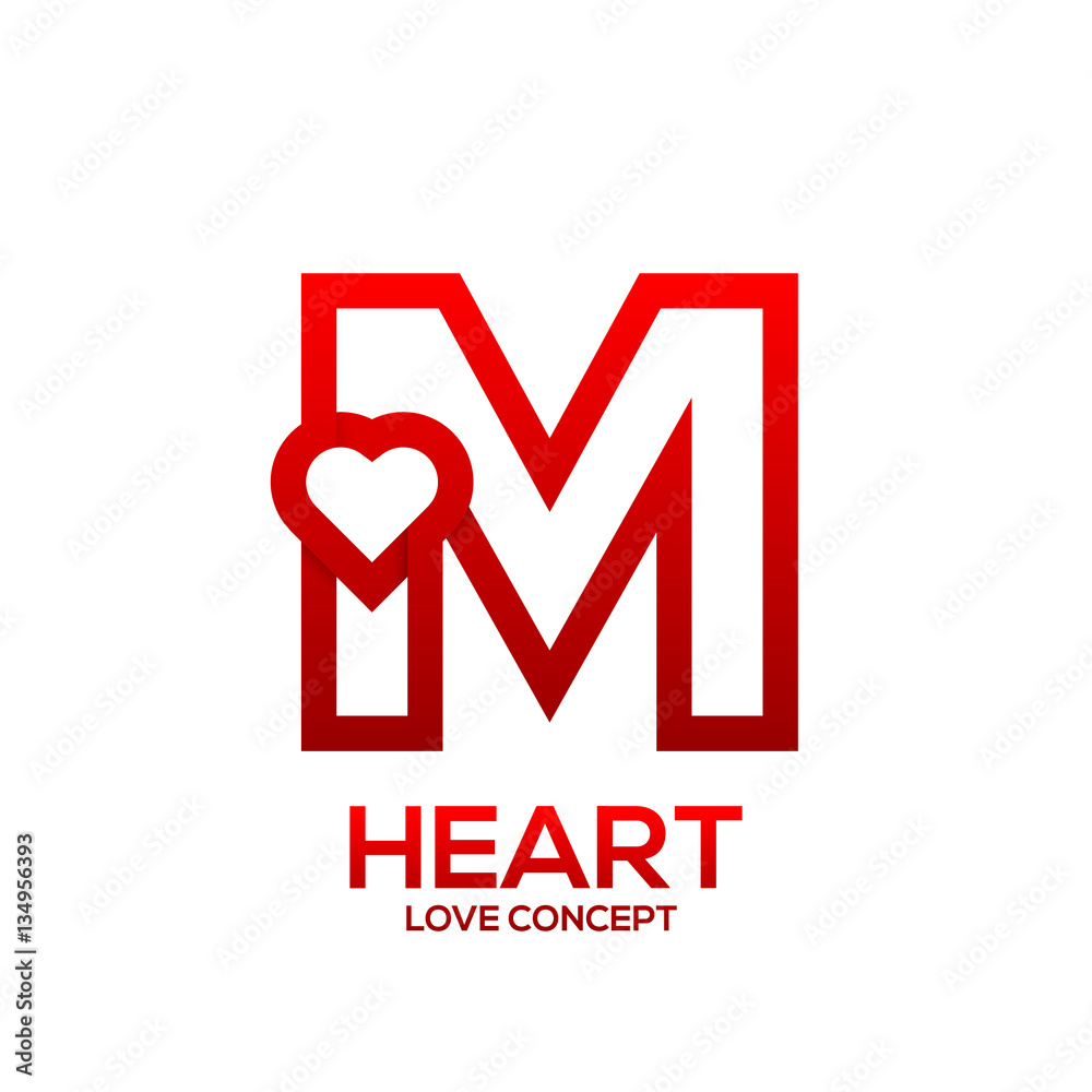 Letter M heart Red color logo,Valentine Day Love Concept Logotype ...
