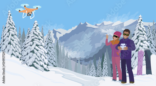Girl and boy make selfie via drone. snowboarders