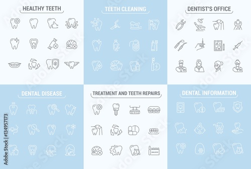 Vector graphic set. Simple isolated Icons in flat, contour, thin and linear design.Dental care and dentist.Dental disease and treatment. Prosthetics, removal. Element, emblem, symbol, logo.